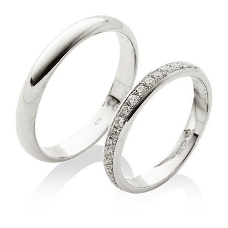 klasické snubní prsteny s dámským prstenem bohatě osázeným kameny